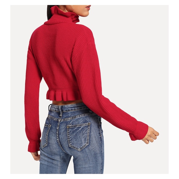 Red Long Sleeve Ruffle Hem Crop Sweater - Picture 2 of 5